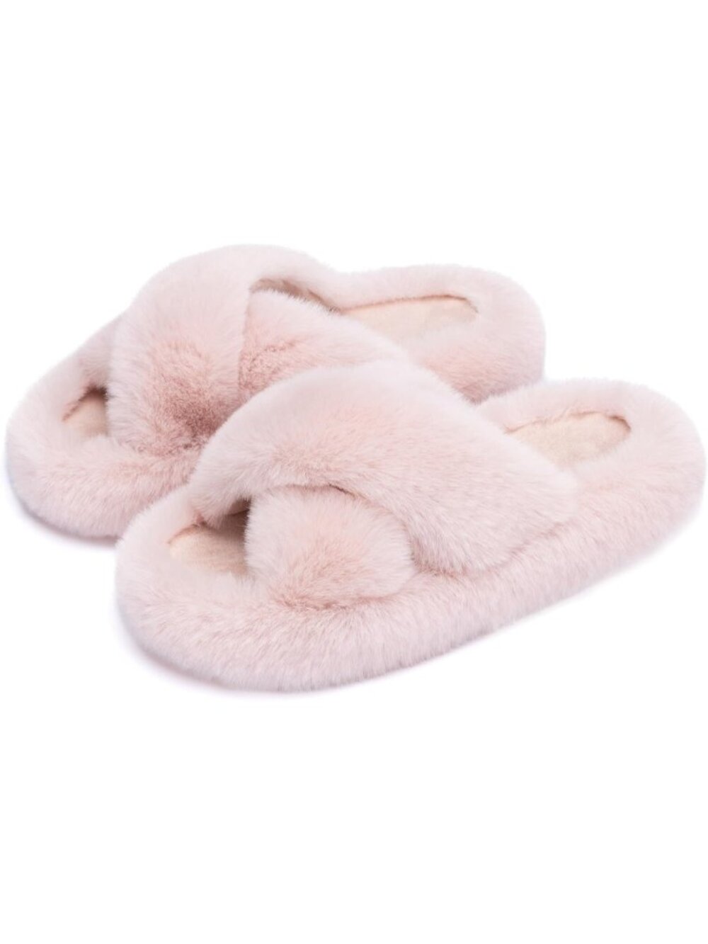 Women's Pink Cross Memory Foam Soft Faux Fur Lined Open Toe Indoor Slippers